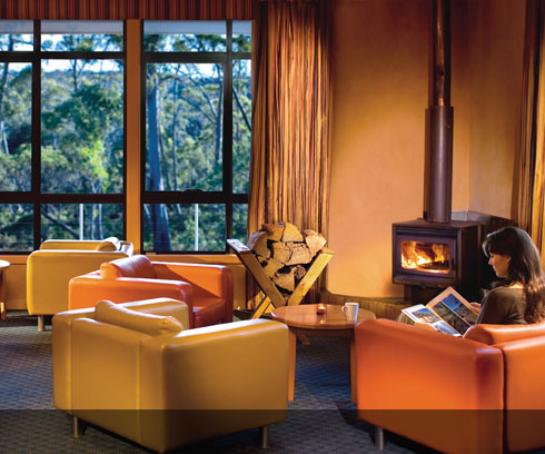 The comfortable library at Cradle Mountain Chateau