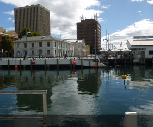 The reflective waters of Hobart's vibrant waterfront district