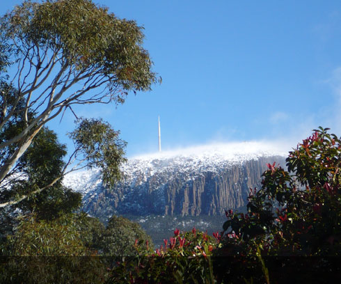 A little light snow covers the summit of Mt Wellington