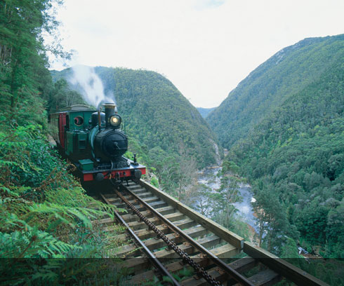 West Coast Wilderness Railway runs from Strahan to Queenstown